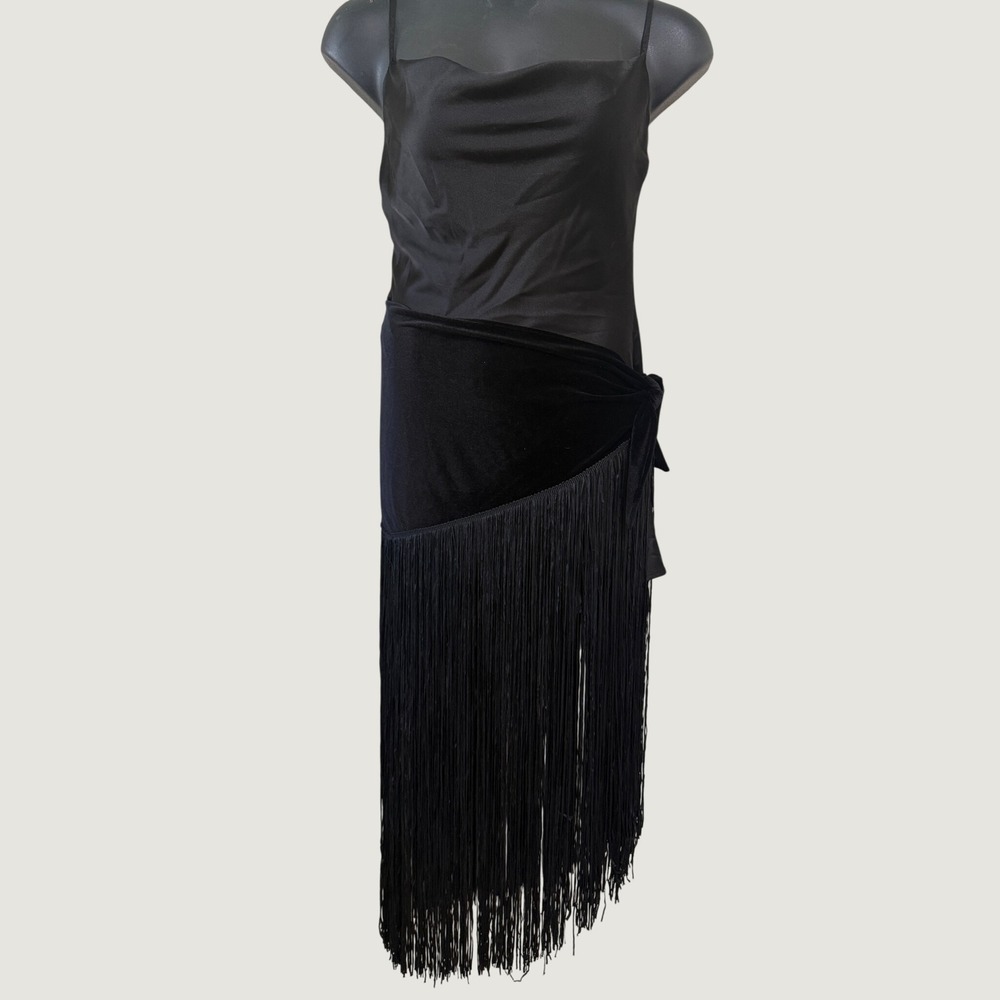 Zara Fringe Slip Dress Womens Medium Black New Festive Days Cowl Neck Velvet - Picture 4 of 11